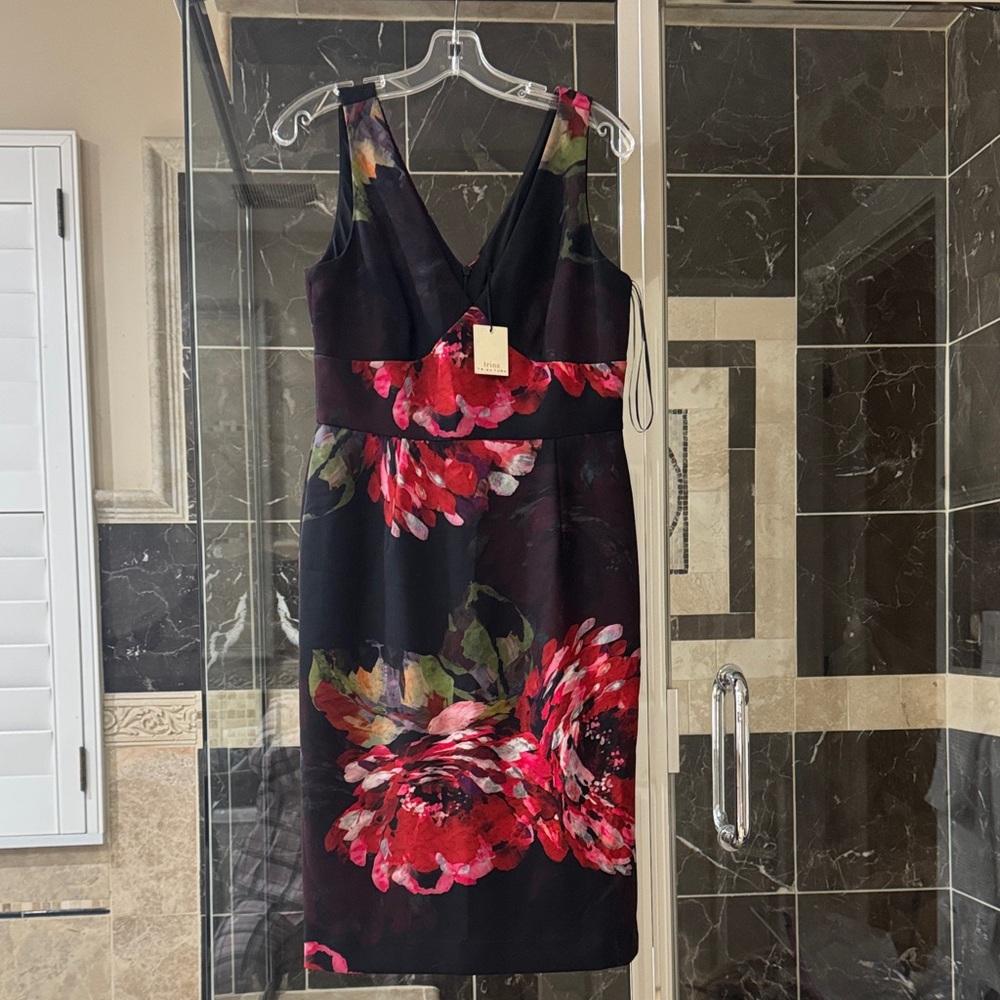 Trina Turk Black Sleeveless V-Neck Midi Dress with Red Floral Print